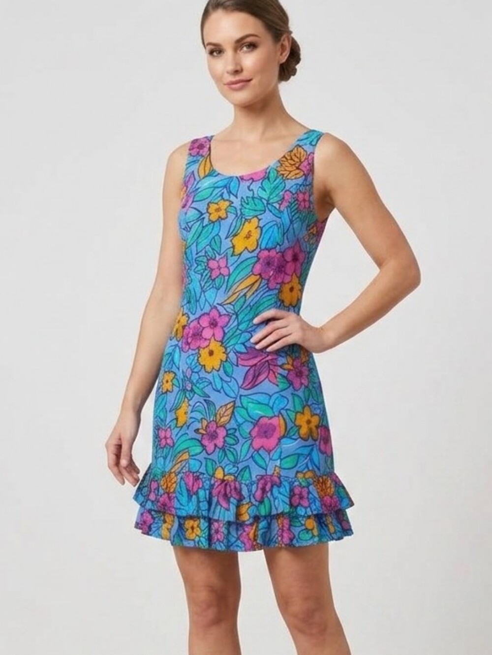 Vintage 90s Y2K Mary My Luv Floral Neon Ruffled Mini Dress